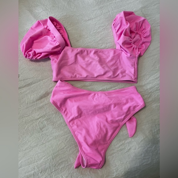 Neon Pink Puff Sleeve High Waisted Bikini Set - Picture 5 of 5